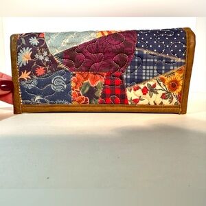 Donna Sharp Patchwork Quilted Multicolor Clutch Snap Wallet Brown Leather Trim